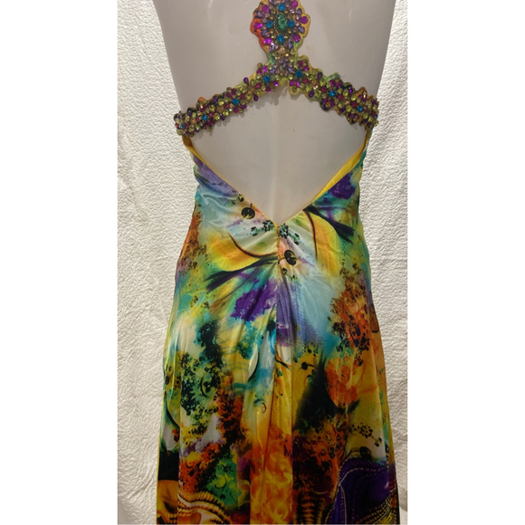 Vibrant multicolor Beaded floral gown V-neck empire waist, size XS - Picture 10 of 12